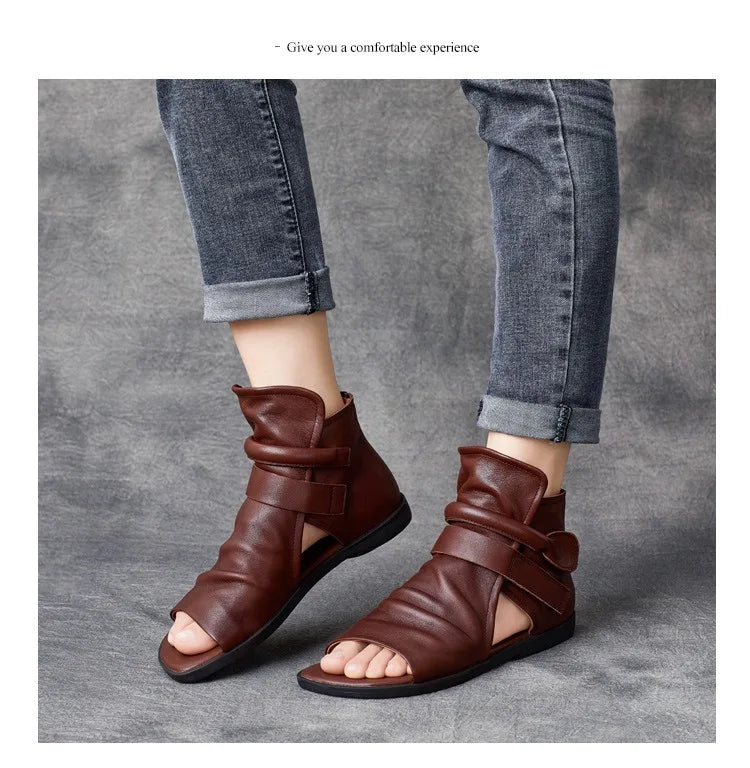 Birkuir Fashion Pleated Women Sandals Genuine Leather Flats High Top Sandals Luxury 2024 Open Toe Summer Boots Hook Loop Sandals