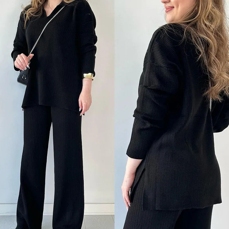 2024 Women's Knitted Pullover Sets 2PCS Solid V Neck Hem Split Loose Top + Set Wide Leg Pants Two Pcs Outfit Female Oversized