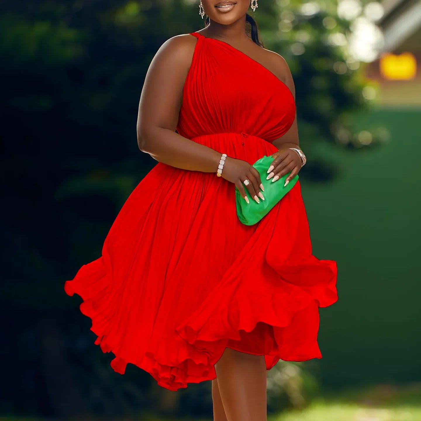 CM.YAYA Women One Shoulder Sleeveless Big Swing Pleated Knee Length Dress 2023 Fashion Street Vestidos Sexy Chic Dresses