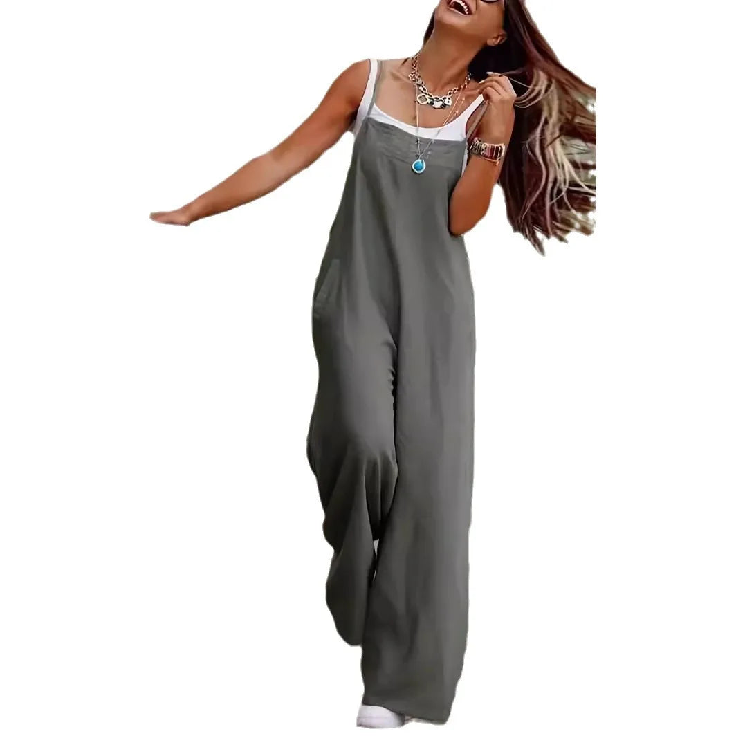 Women's Sleeveless Plus Size Jumpsuit Cotton And Linen Solid Loose Wide Leg Slash Pocket Casual  Ankle-Length Pants 2024