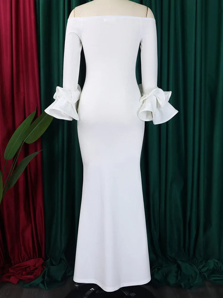 FairyShely Solid 2025 Off Shoulder Plus Size Dress Women Long Sleeve Large Big Bodycon Dresses Lady Party Tight Curvy Dress