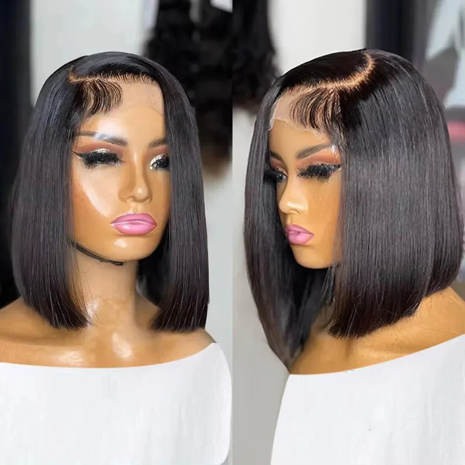 16Inch Vietnamese Super Double Drawn Bone Straight 13x4 Frontal Bob Wig with Human Hair Natural Black 210%Density For BlackWomen
