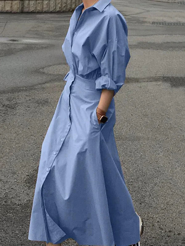 Modigirl Women Summer Long Dresses 2025 Spring Fall Clothes Blue Puff Sleeves Botton Simple Casual Maxi Shirts Dresses for Women