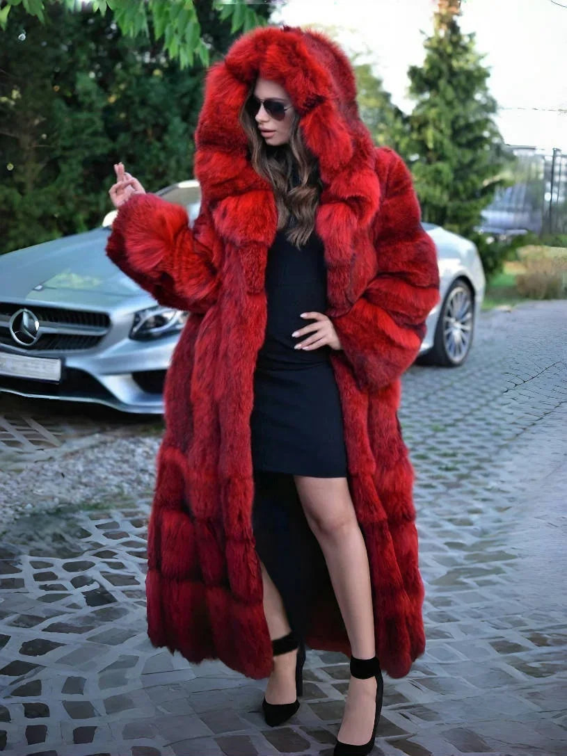 Women's Long Hooded Faux Fur Coat Autumn-Winter Luxury Thick Warm Fashion Street Style with Pockets High Street