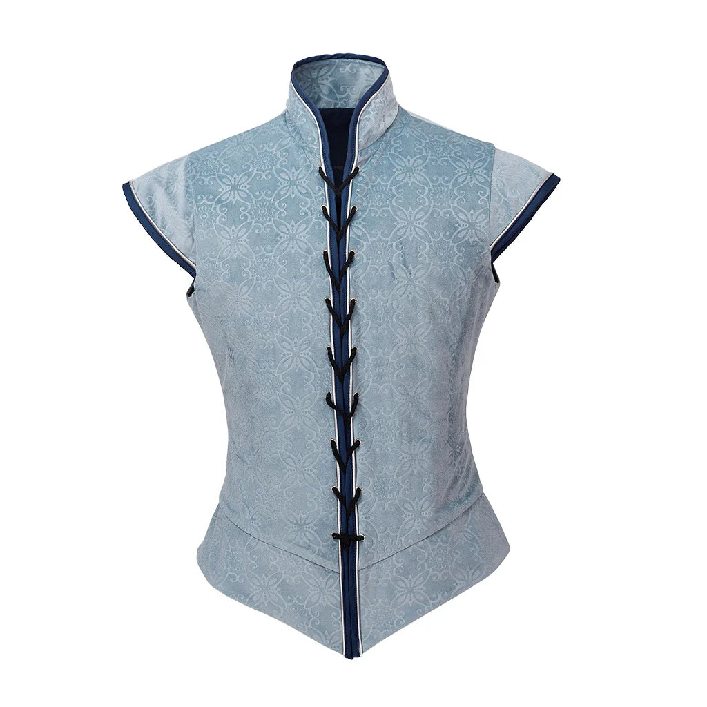 Medieval Renaissance Tudor Elizabethan Jerkin Vest – Colonial Blue Brocade Costume Vest for Men