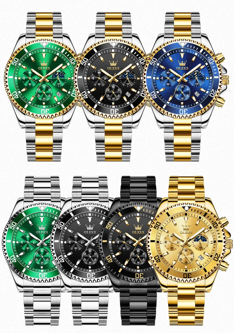 Men's Watches Top Brand Luxury Watch for Men Original Waterproof Stainless Steel Chronograph Moon Phase Date Rota Dial