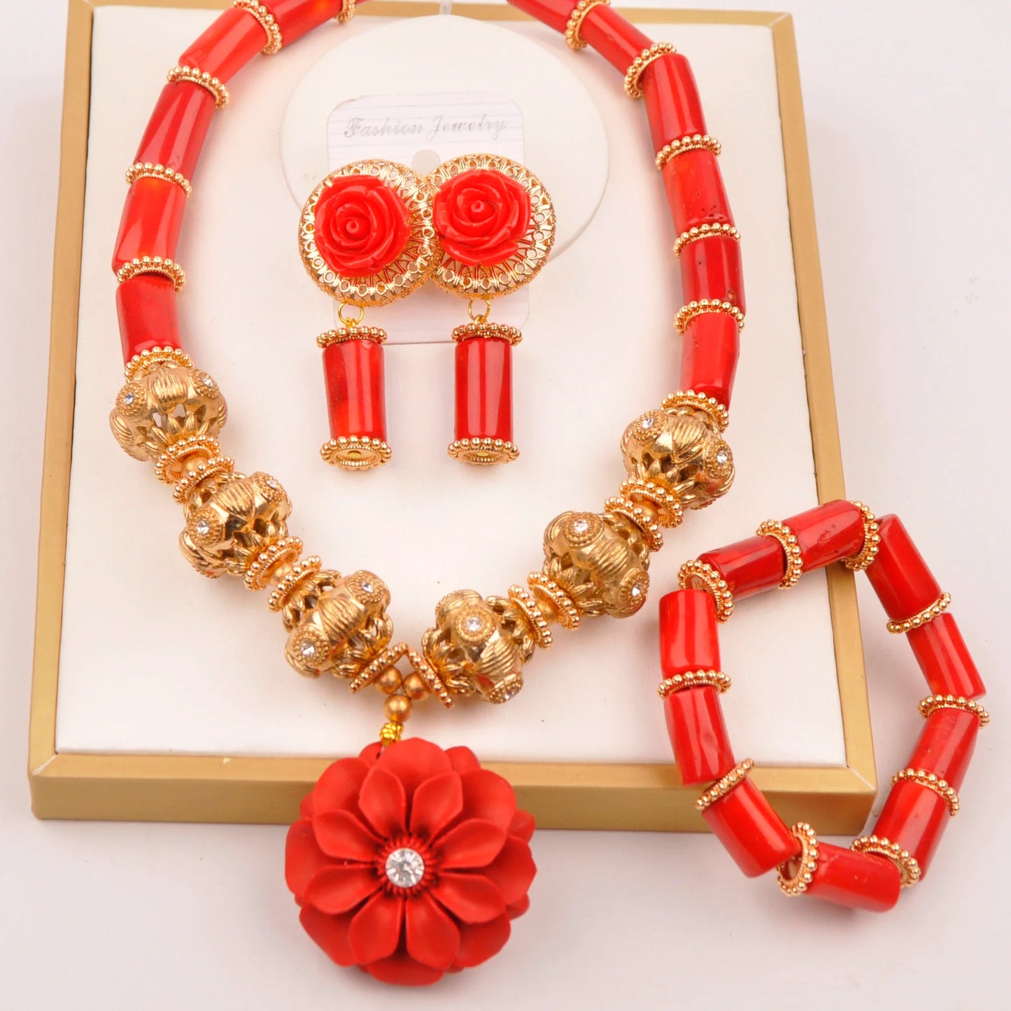 Natural coral beads orange necklace set for stylish Nigerian wedding couple African jewelry