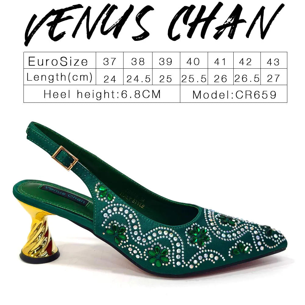 Elegant And Sexy Fuchsia Color High Heels Shoes And Bag With Rhinestone Embellished Toe Is Comfortable Women's Shoes For Party
