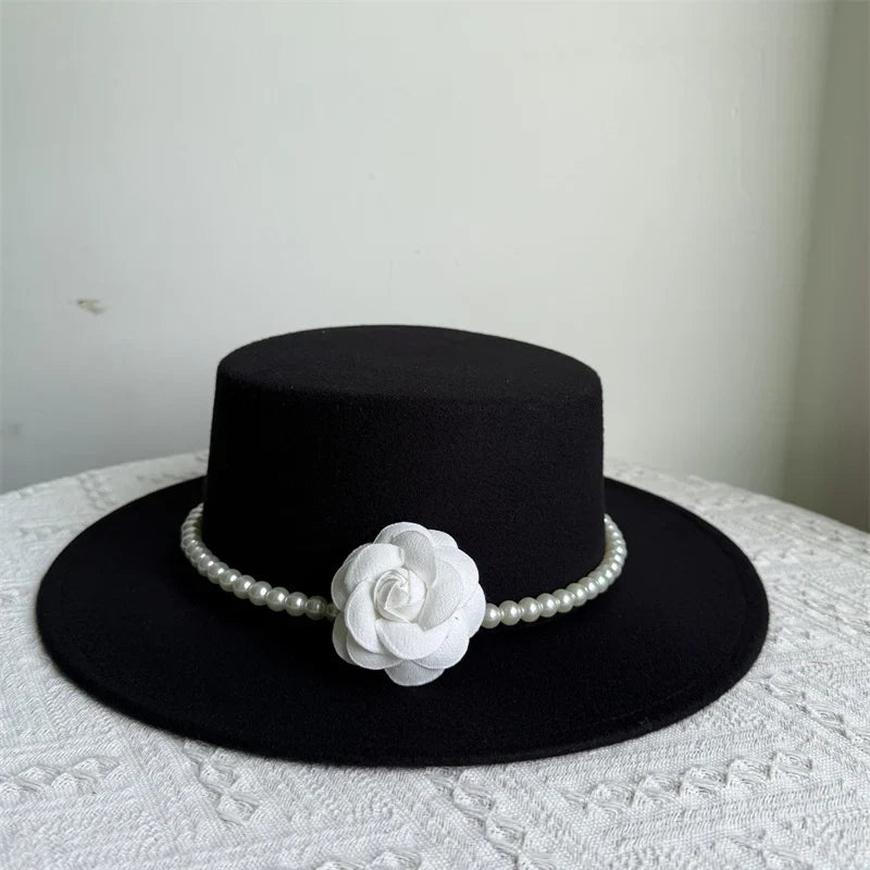 Women's Fashionable Fedora Hat 10CM Wide Brim Flat Top Felt Hats For Wedding And Jazz
