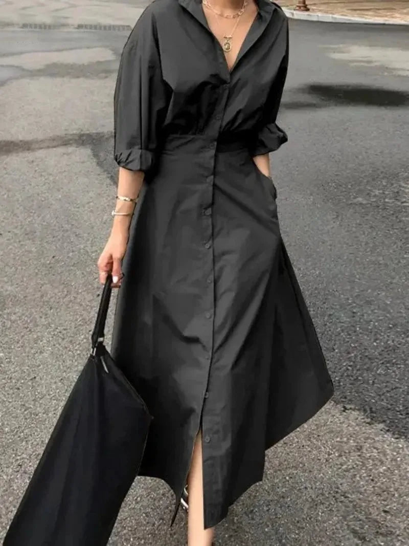 Modigirl Women Casual Long Shirts Dresses 2025 Summer Spring Clothes Khaki Puff Sleeves Botton Simple Maxi Dresses for Women