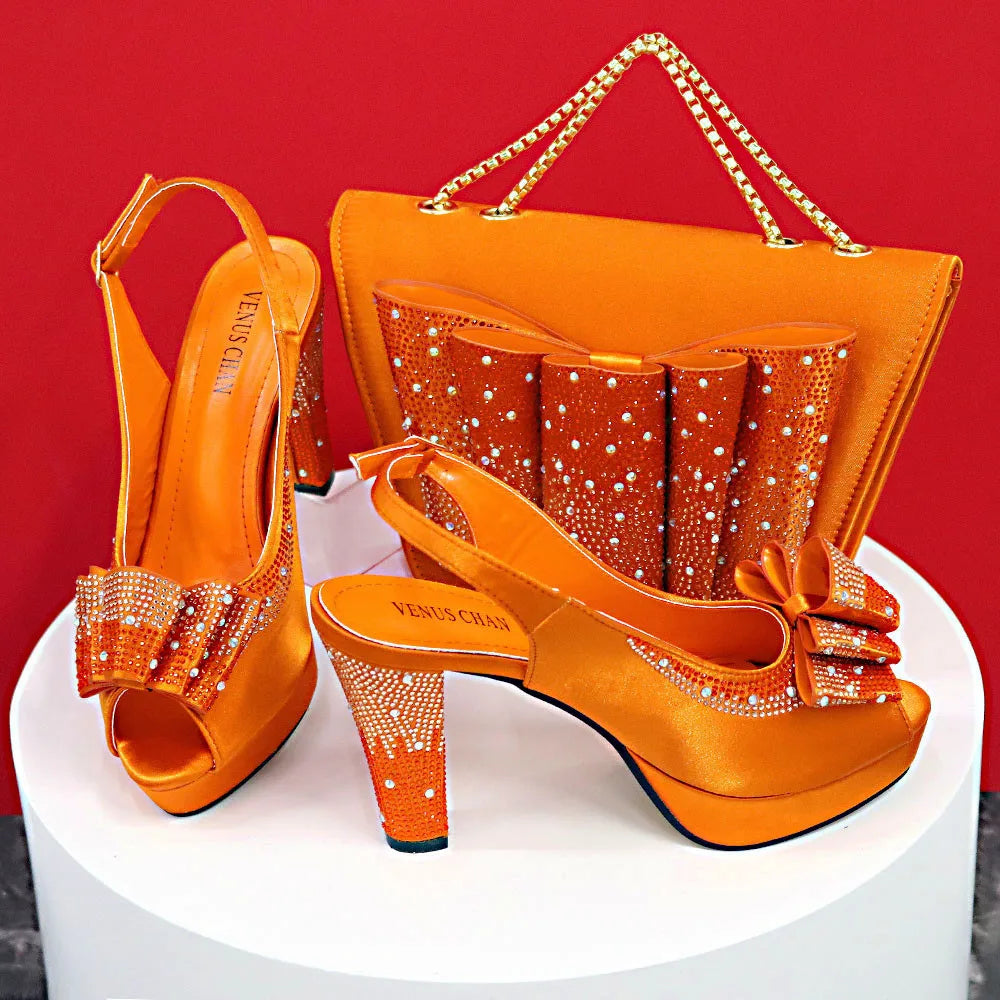 High Quality 2024 Newst Hot Selling Pointed Toe Slingback Sandals with Bag Set in Coffee Color For Women Wedding Party