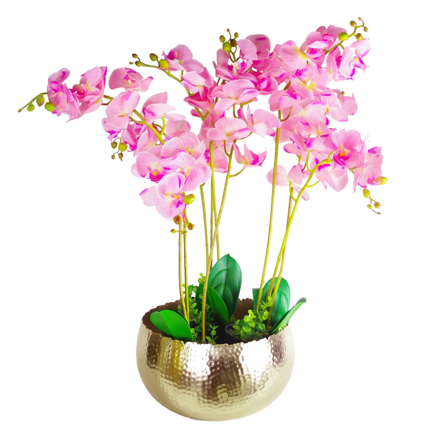 Large Artificial Orchids Display with XL Metal Bowl Planter 70x70cm