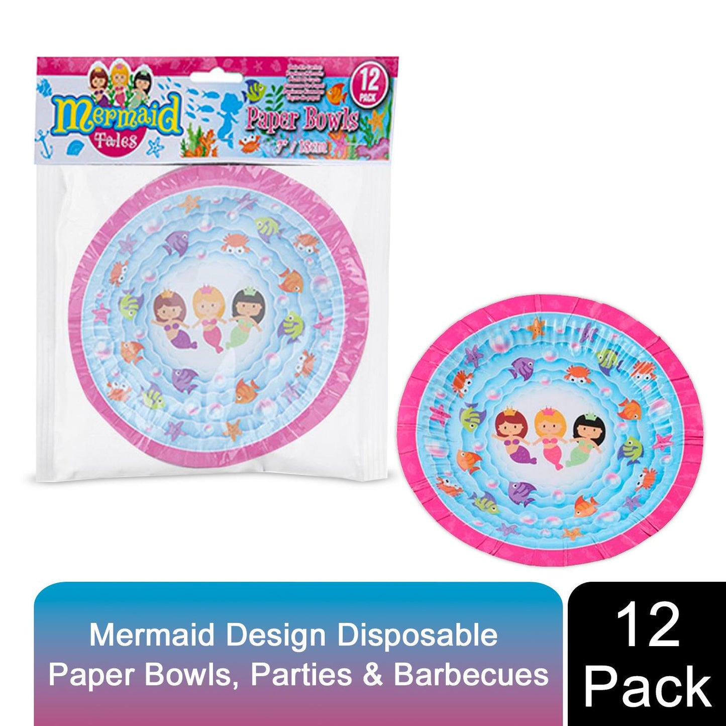Mermaid Design 7Inch 12 Disposable Paper Bowls For Picnics, Parties & Barbecues