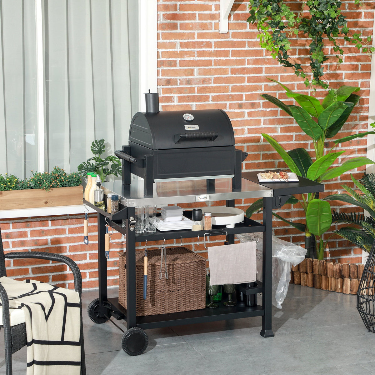 Outsunny Stainless Steel Outdoor Grill Cart with Folding Side table, 2 Wheels