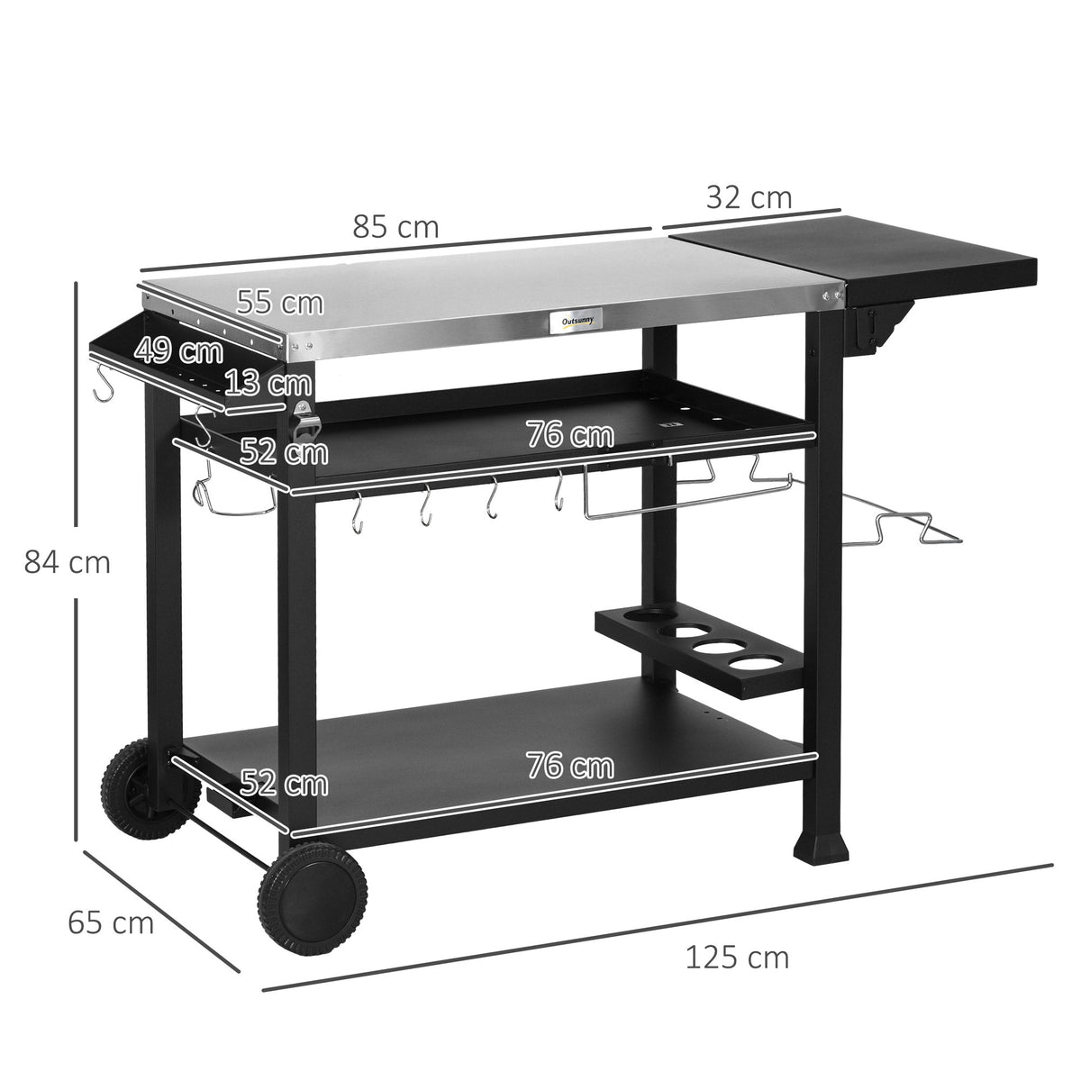 Outsunny Stainless Steel Outdoor Grill Cart with Folding Side table, 2 Wheels