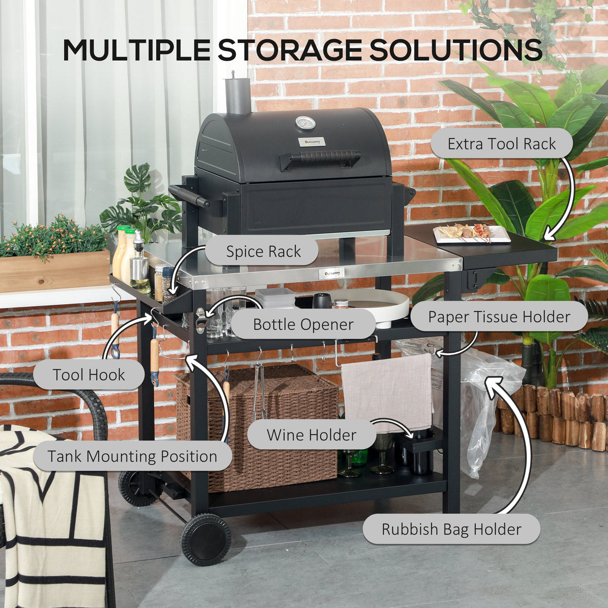 Outsunny Stainless Steel Outdoor Grill Cart with Folding Side table, 2 Wheels