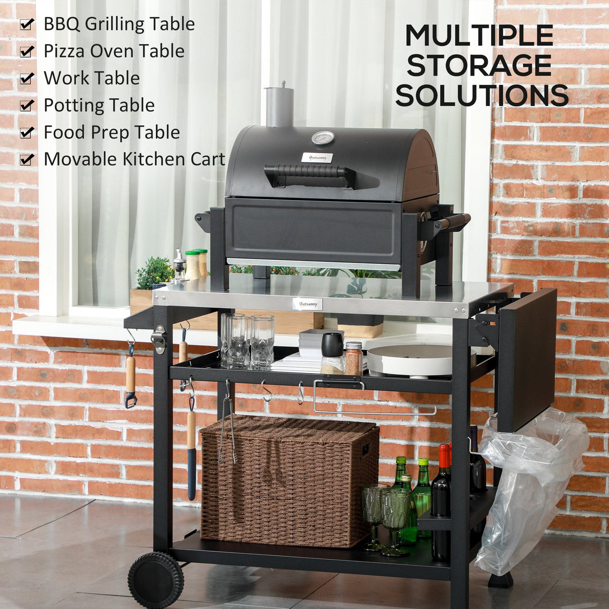 Outsunny Stainless Steel Outdoor Grill Cart with Folding Side table, 2 Wheels
