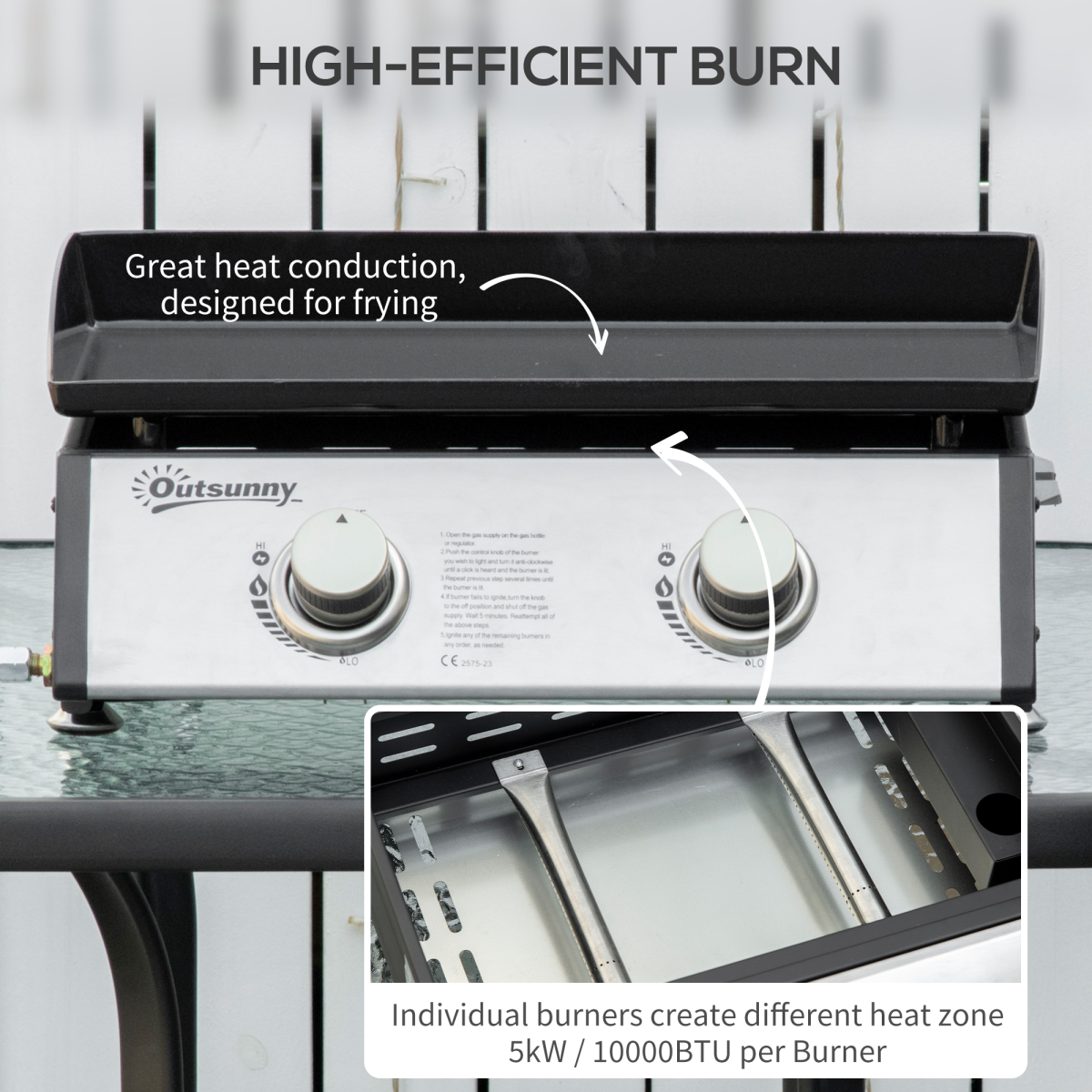 Outsunny Portable Gas Plancha BBQ Grill with 2 Stainless Steel Burner, 10kW