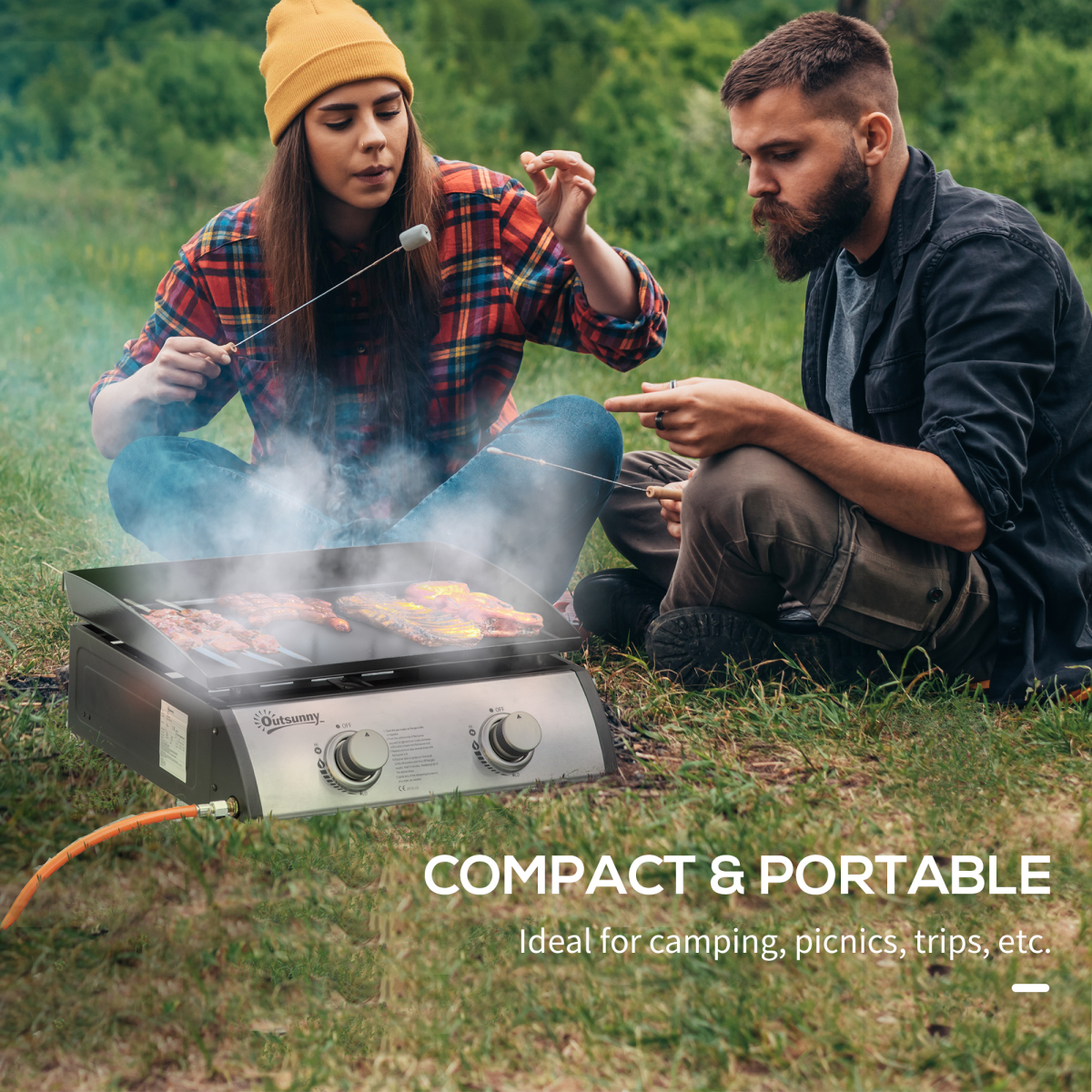 Outsunny Portable Gas Plancha BBQ Grill with 2 Stainless Steel Burner, 10kW
