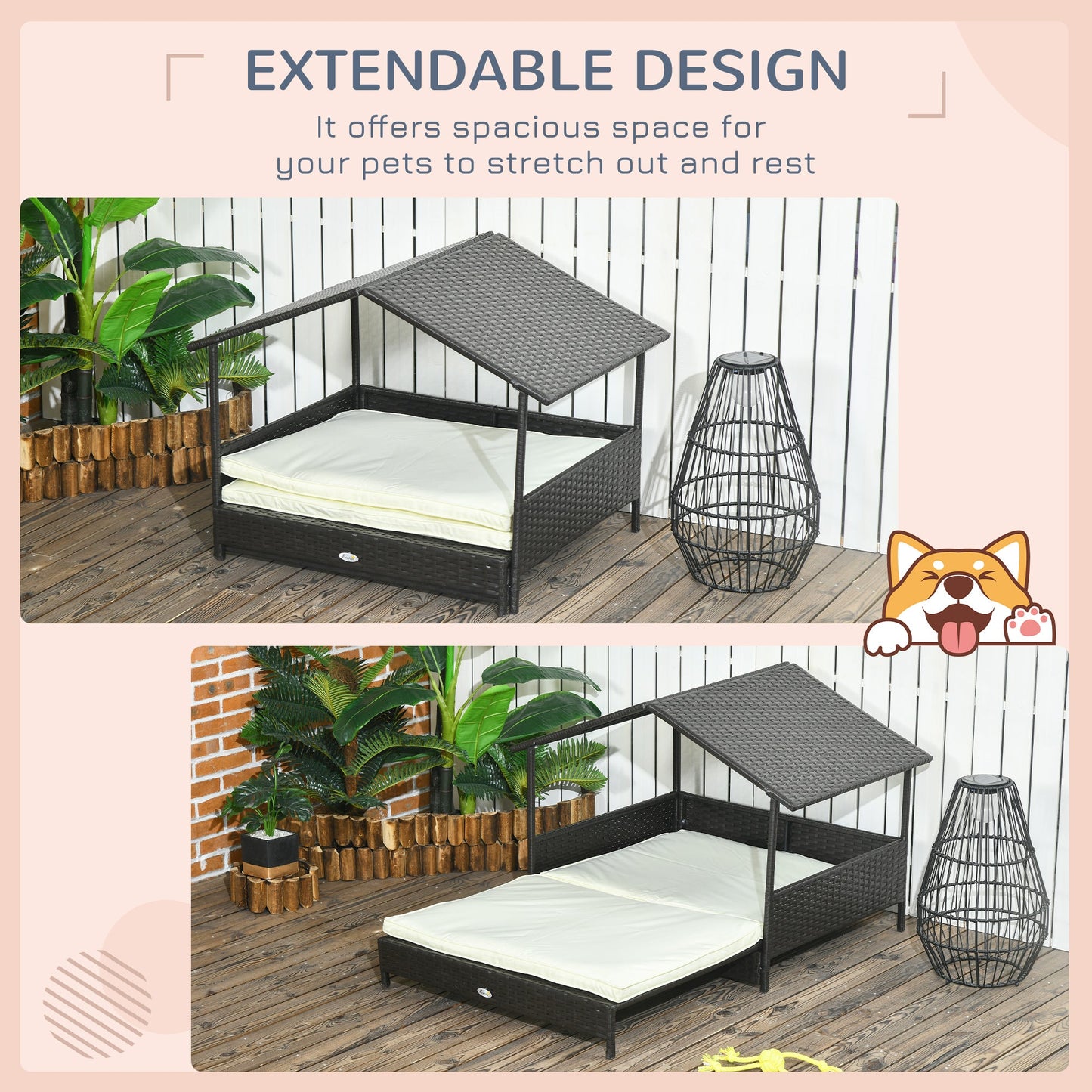 PawHut Extendable Rattan Dog House with Water-Resistant Roof, Cushion