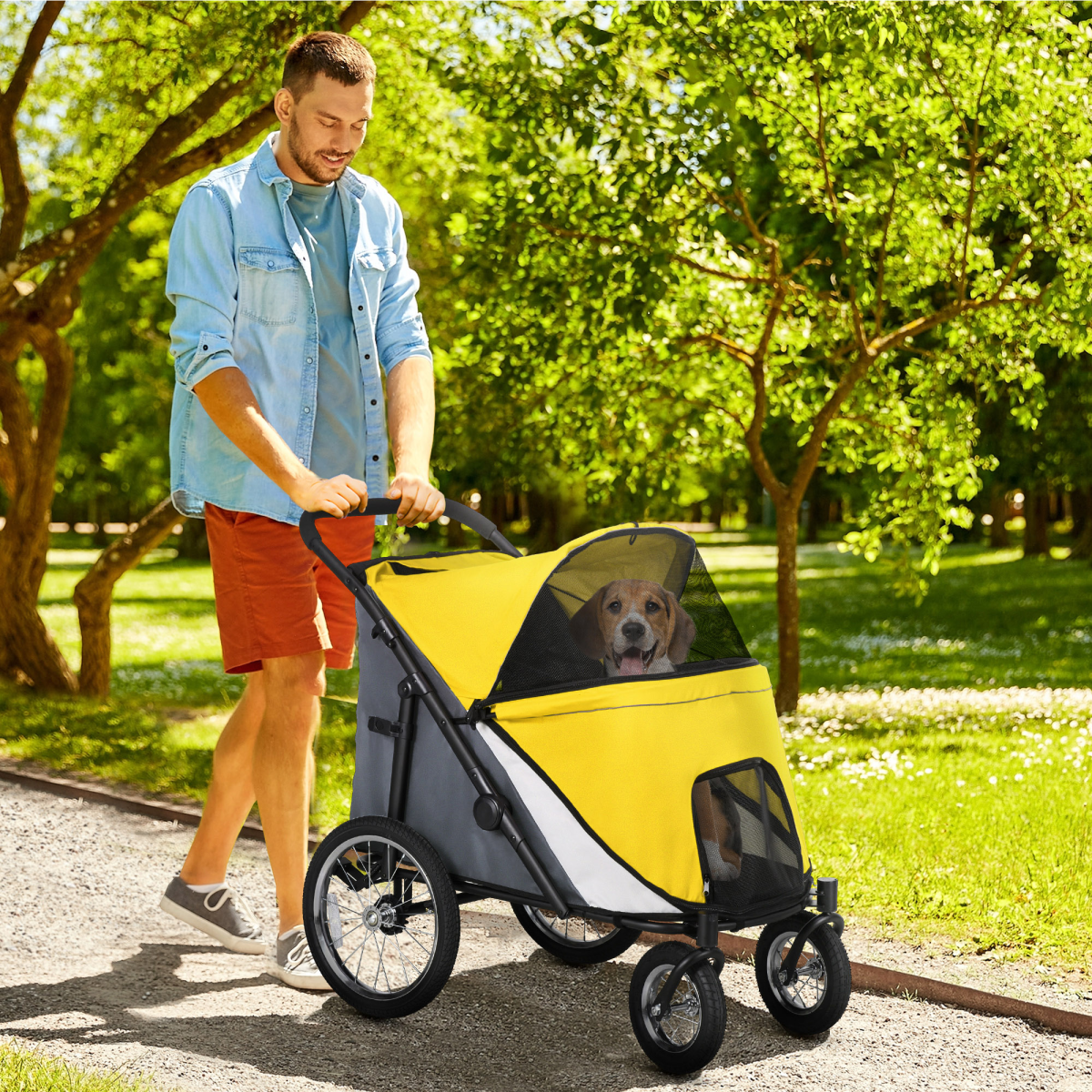 PawHut Pet Stroller Foldable Design with Cushion for M and L Dogs, Dark Green