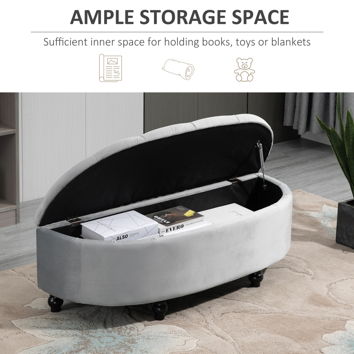 HOMCOM Semi-Circle Storage Ottoman Bench Tufted Upholstered Accent Footrest