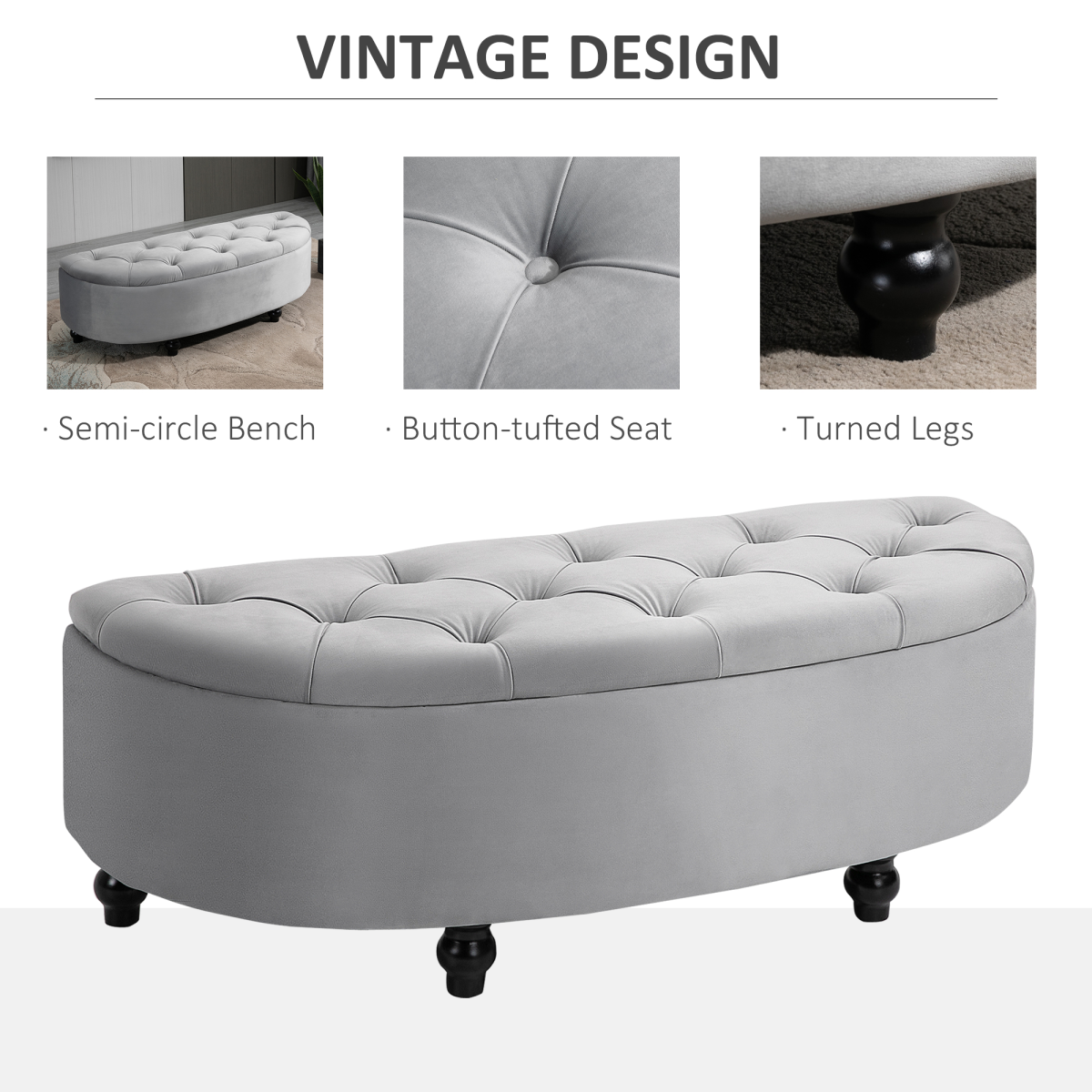 HOMCOM Semi-Circle Storage Ottoman Bench Tufted Upholstered Accent Footrest