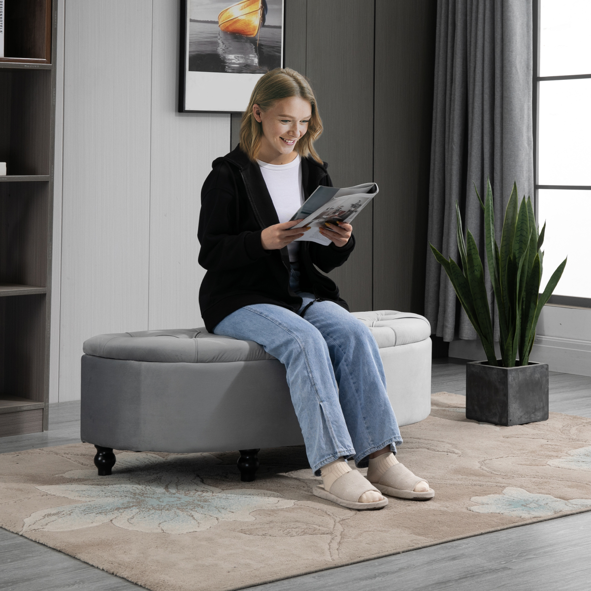HOMCOM Semi-Circle Storage Ottoman Bench Tufted Upholstered Accent Footrest
