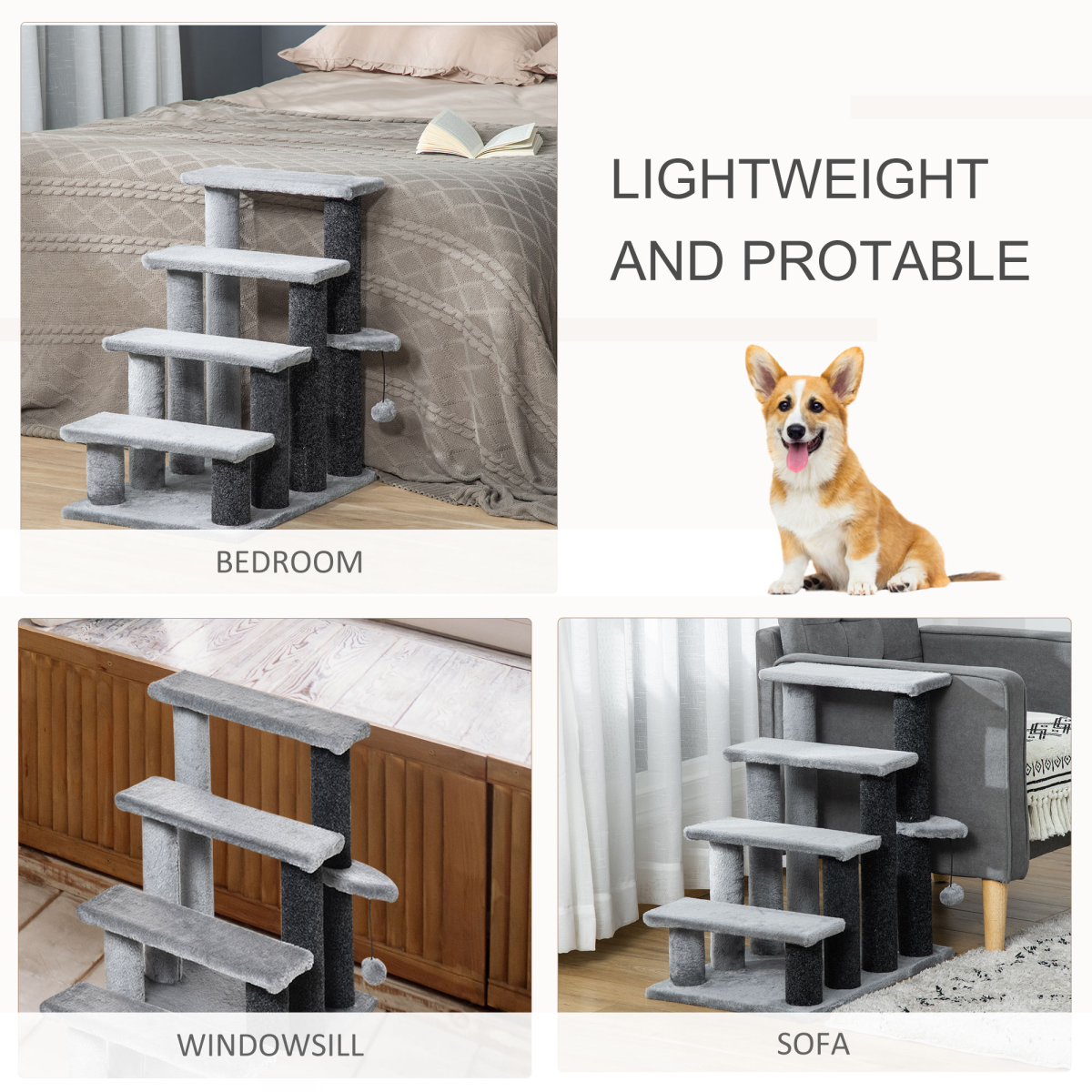 PawHut Pet Stairs with 3-step Stair, Scratching Posts, Platforms, Toy Ball
