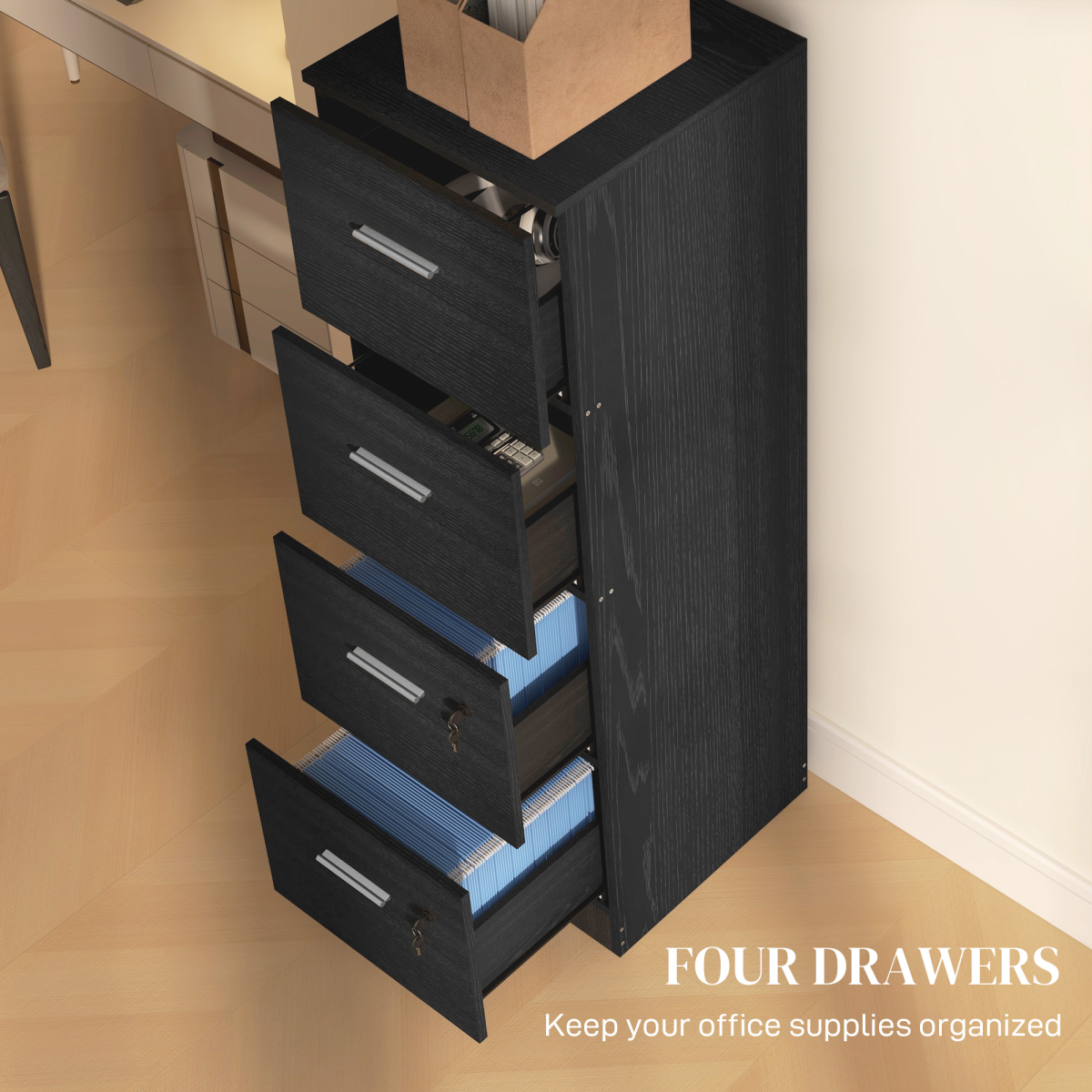 HOMCOM 4 Drawer File Cabinet Locking Filing Cabinet, Black Wood Effect