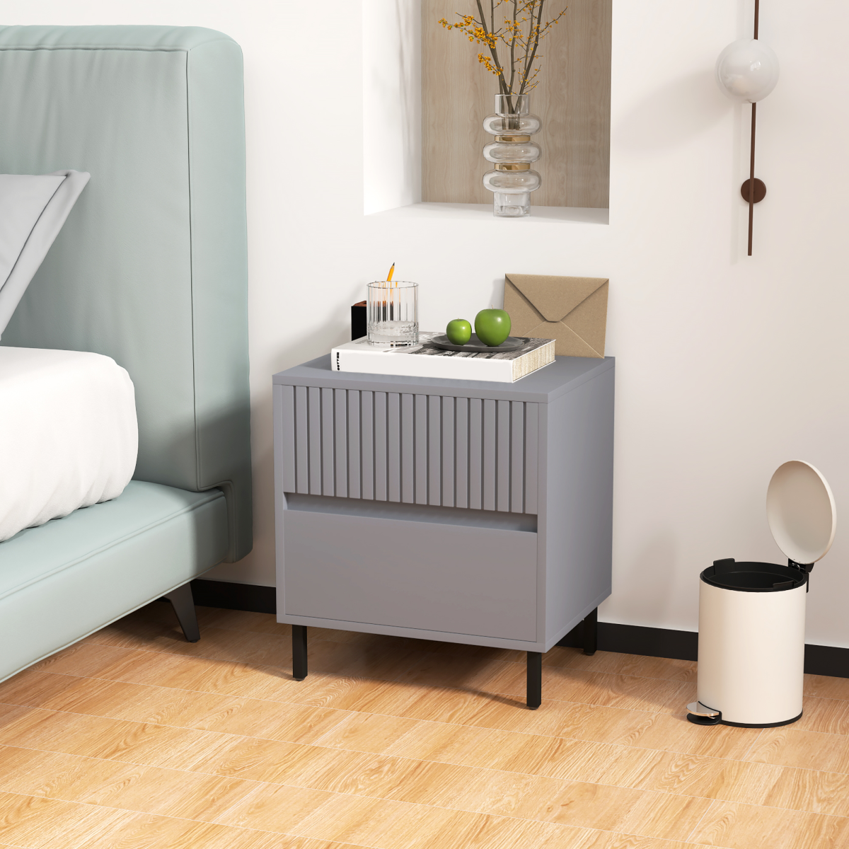 HOMCOM Bedside Table with 2 Drawers and Steel Legs for Bedroom