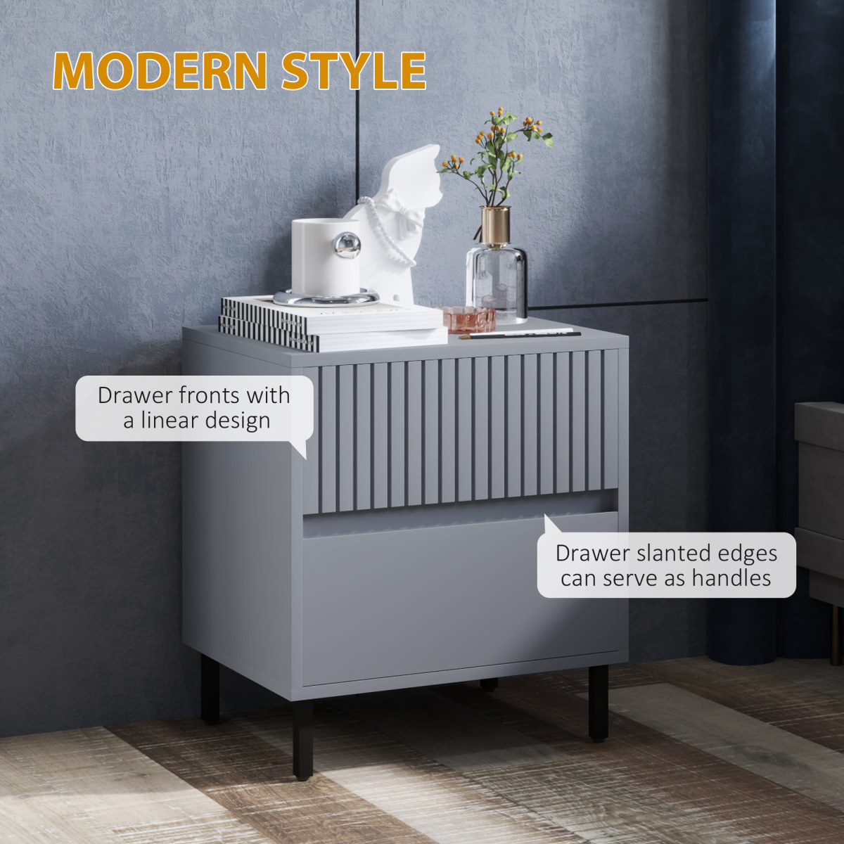 HOMCOM Bedside Table with 2 Drawers and Steel Legs for Bedroom