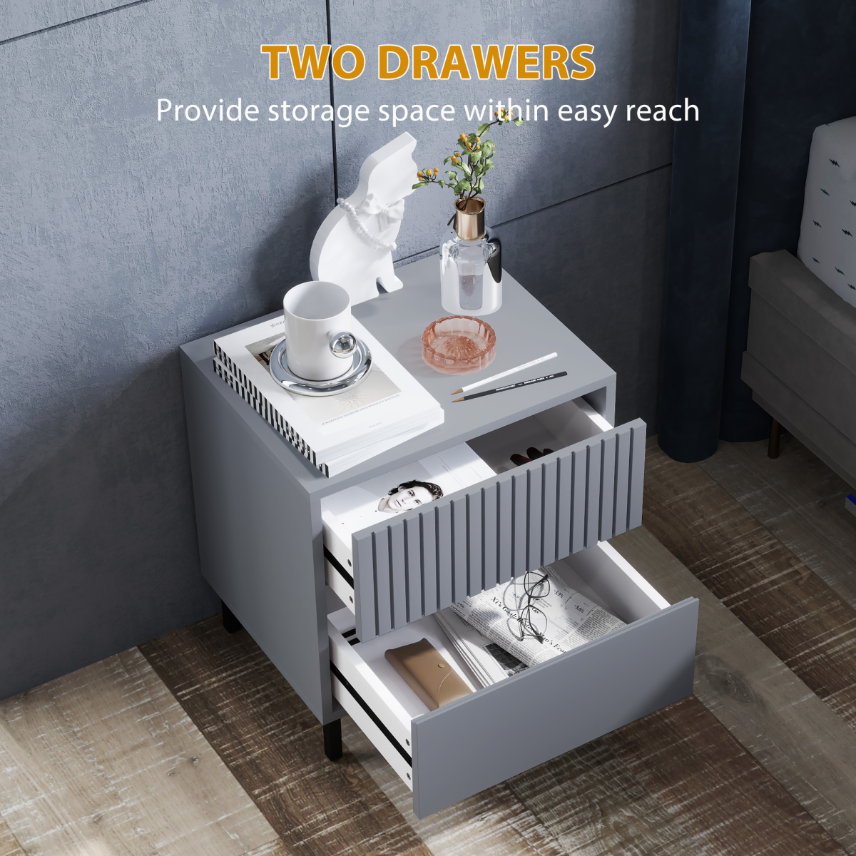 HOMCOM Bedside Table with 2 Drawers and Steel Legs for Bedroom