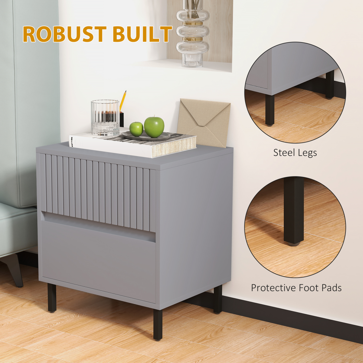 HOMCOM Bedside Table with 2 Drawers and Steel Legs for Bedroom