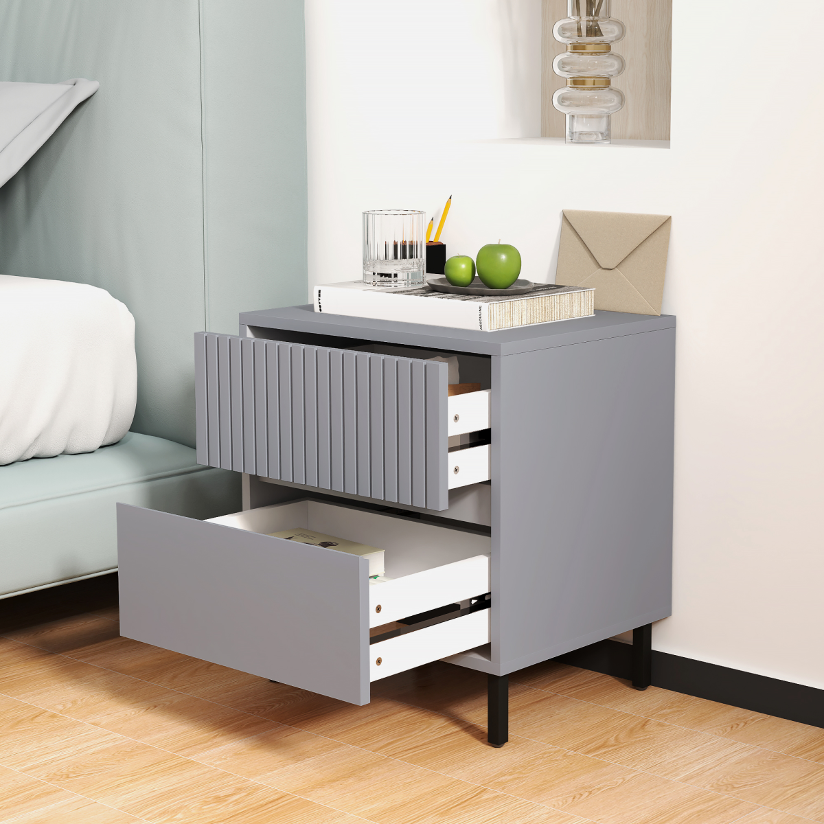 HOMCOM Bedside Table with 2 Drawers and Steel Legs for Bedroom
