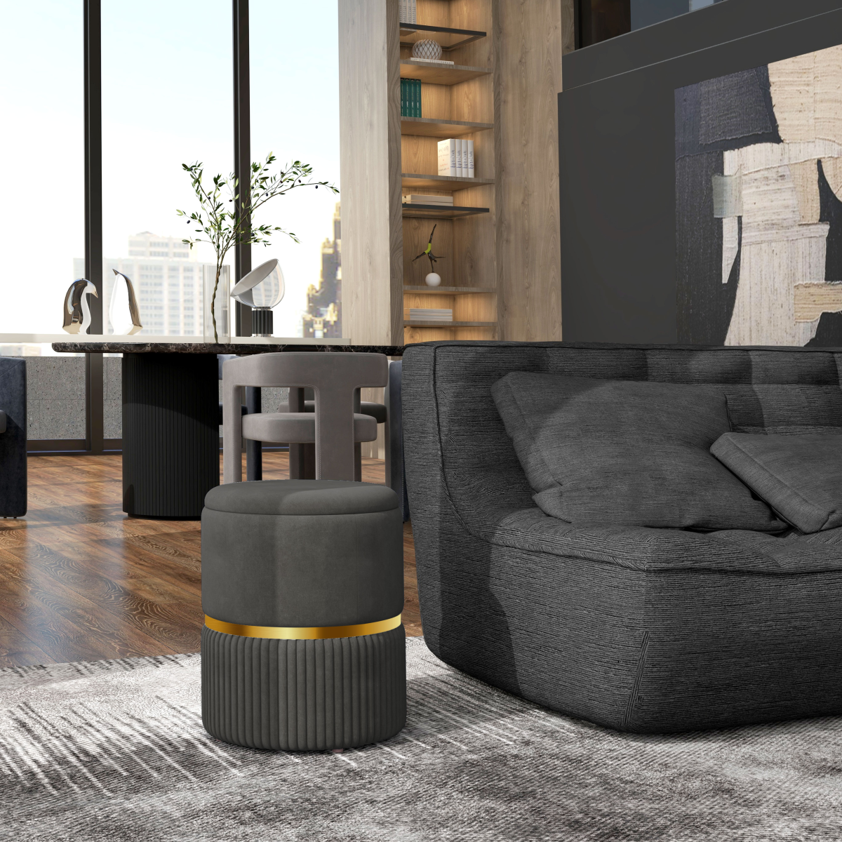 HOMCOM Round Pouffe, Storage Footstool with Cushioned Top
