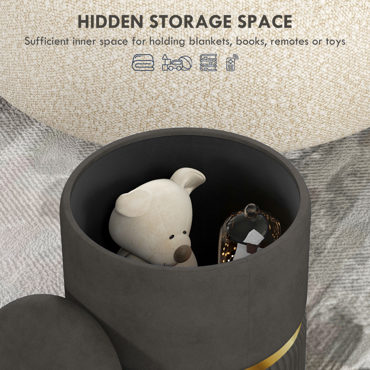 HOMCOM Round Pouffe, Storage Footstool with Cushioned Top