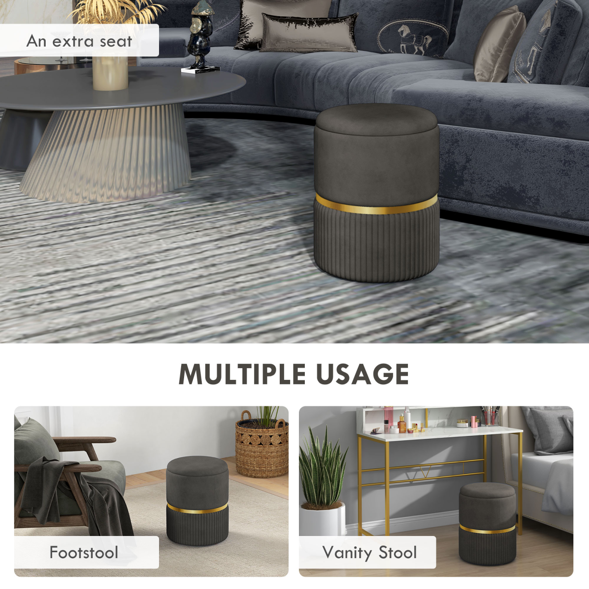 HOMCOM Round Pouffe, Storage Footstool with Cushioned Top