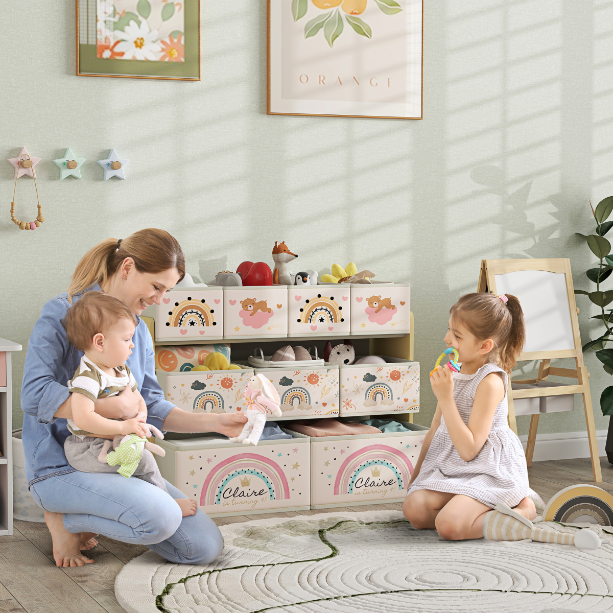 AIYAPLAY 3-Tier Toy Organiser Shelf with 9 Storage Boxes for Bedroom
