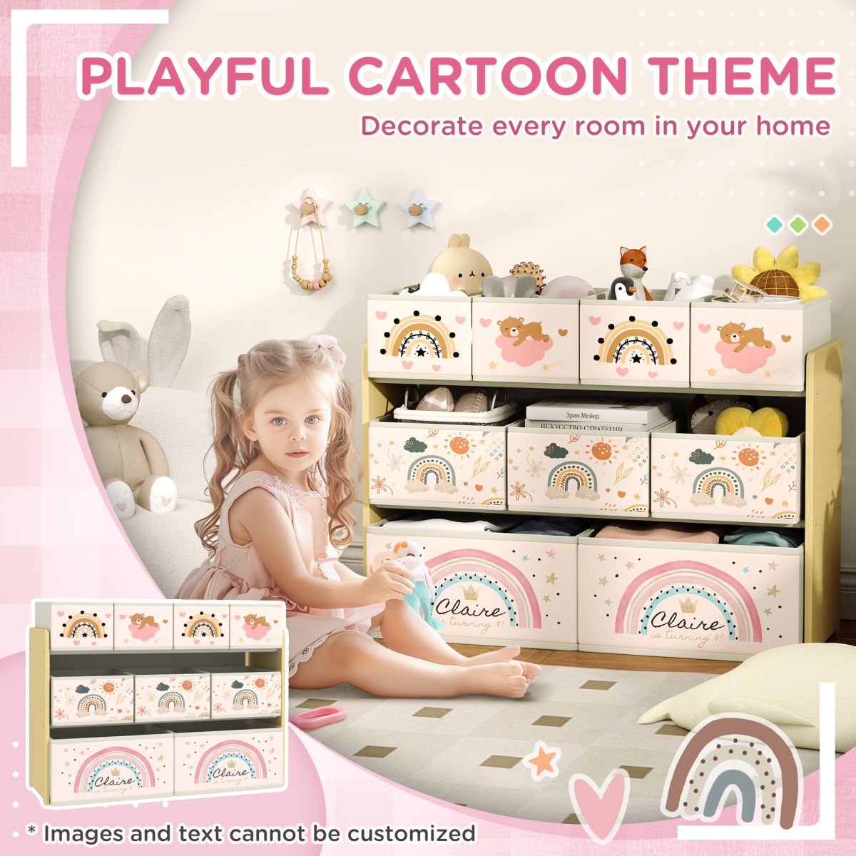 AIYAPLAY 3-Tier Toy Organiser Shelf with 9 Storage Boxes for Bedroom