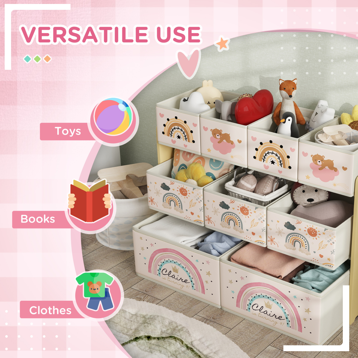 AIYAPLAY 3-Tier Toy Organiser Shelf with 9 Storage Boxes for Bedroom