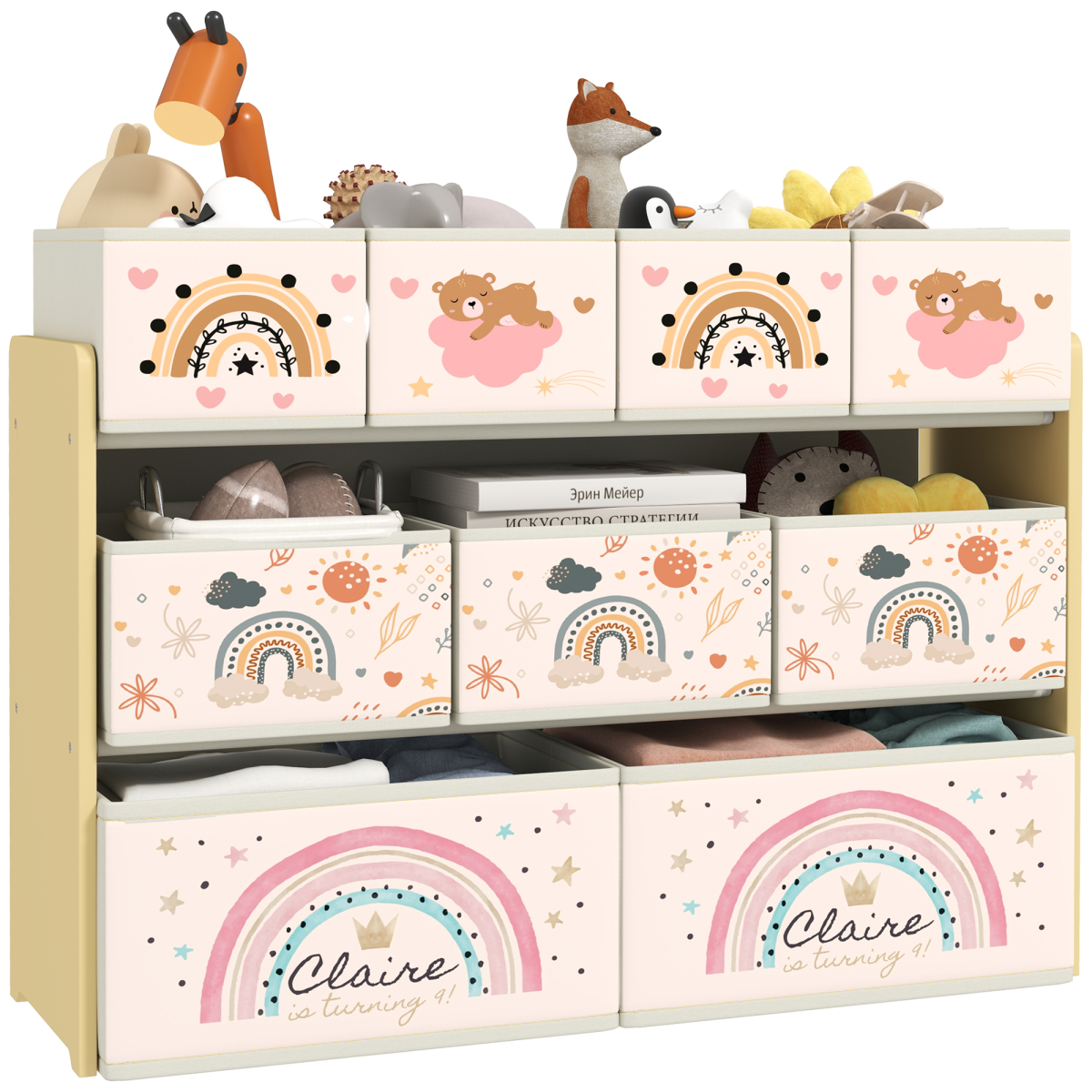 AIYAPLAY 3-Tier Toy Organiser Shelf with 9 Storage Boxes for Bedroom