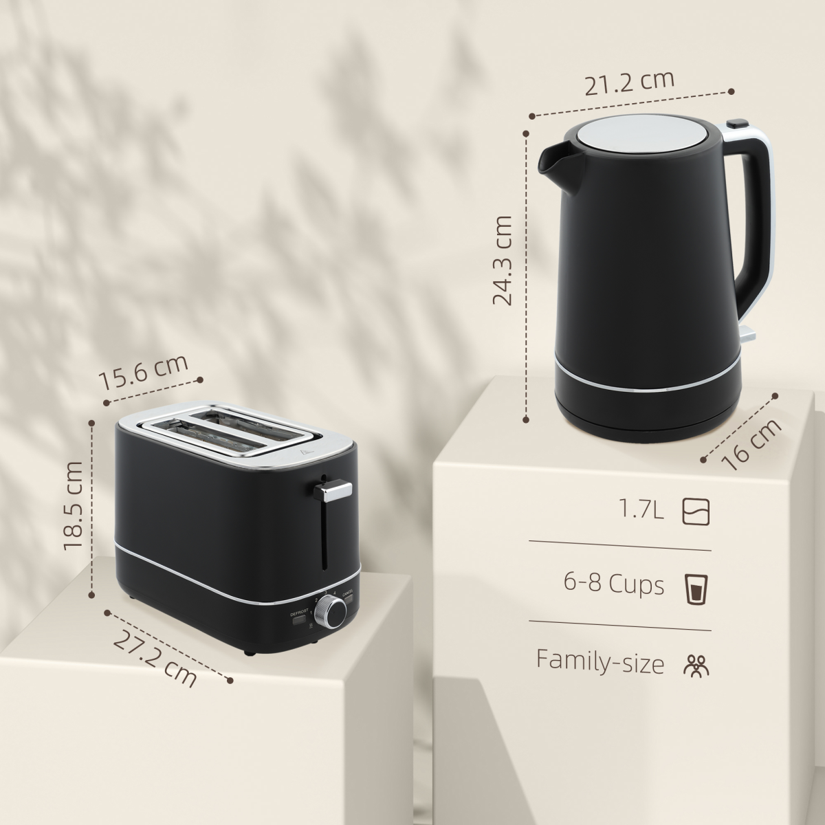 HOMCOM 1.7L 3000W Fast Boil Electric Kettle and 2 Slice Toaster Set