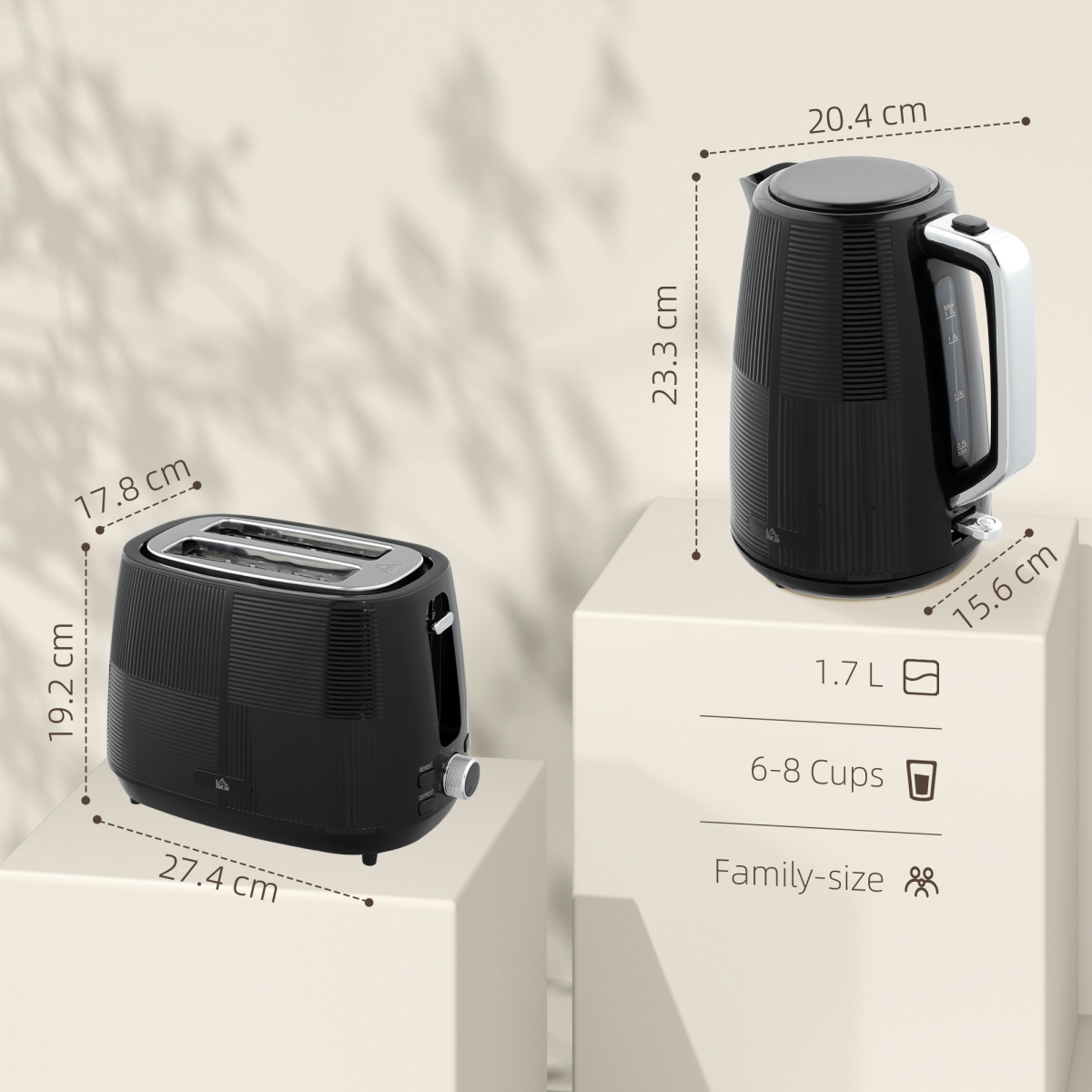 HOMCOM 1.7L Fast Boil Electric Kettle and 2 Slice Water Toaster Set