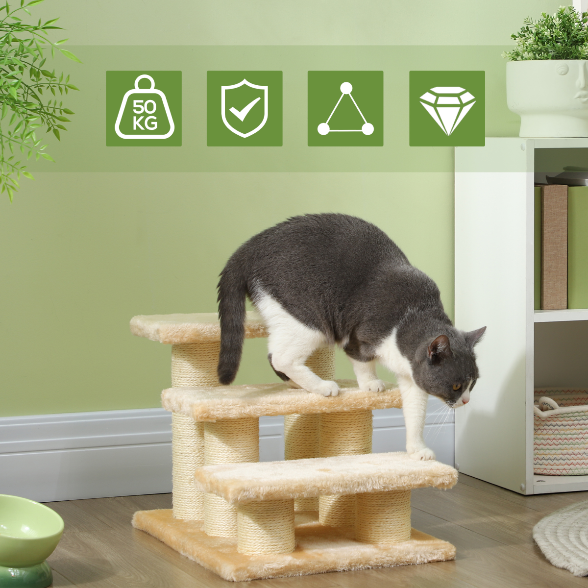 PawHut Cat Steps 3 Stairs Deluxe Pet Portable Easy Climb Assistance Lightweight
