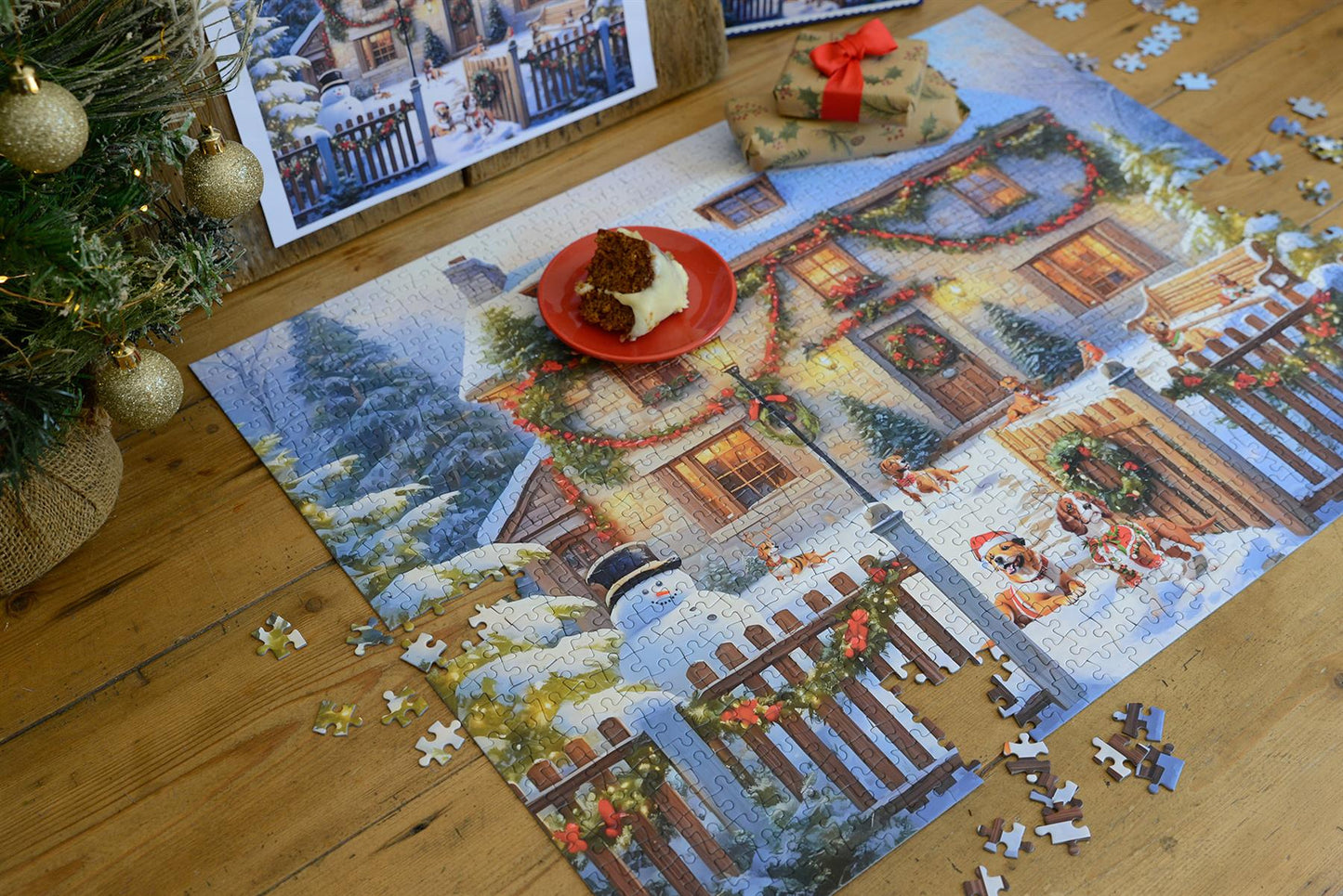 Dogs in a Christmas Cottage Garden 1000 Piece Jigsaw Puzzle