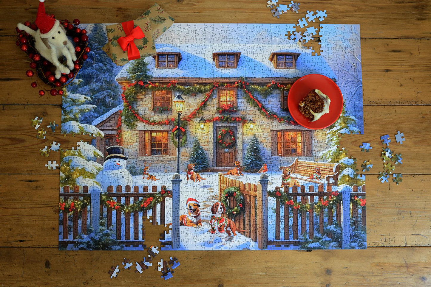 Dogs in a Christmas Cottage Garden 1000 Piece Jigsaw Puzzle
