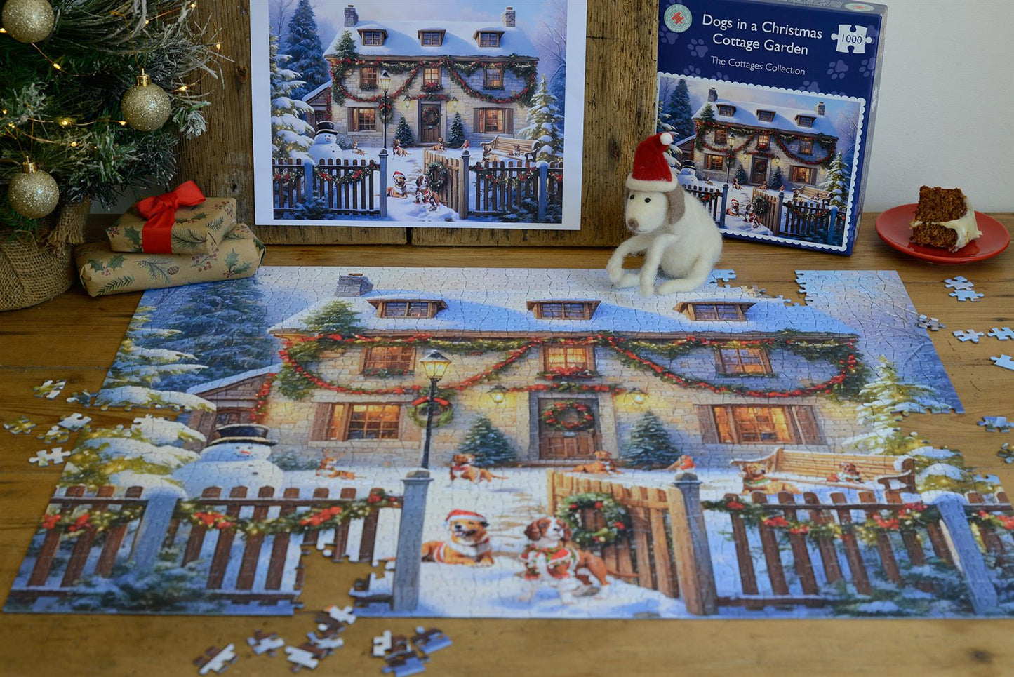 Dogs in a Christmas Cottage Garden 1000 Piece Jigsaw Puzzle