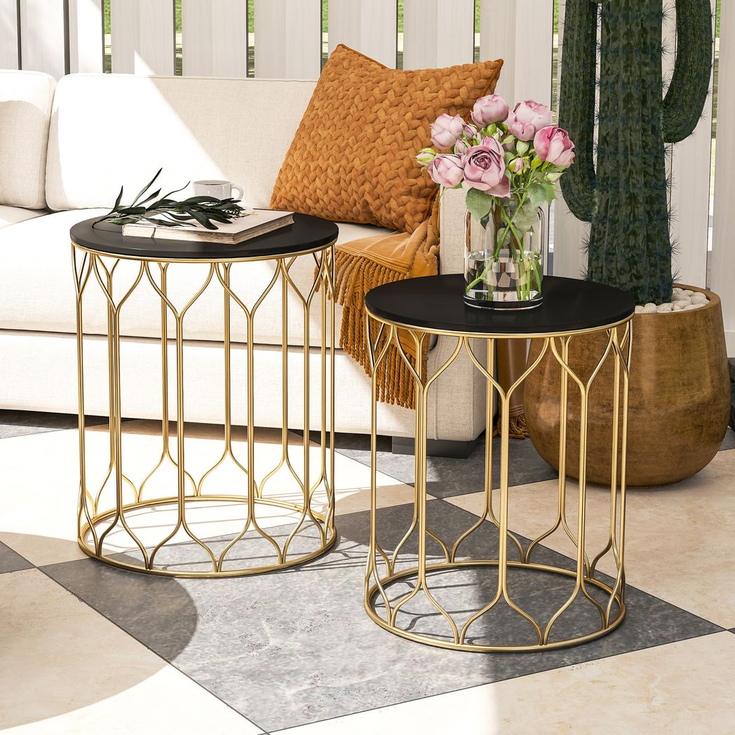 Outsunny Nesting Small Garden Table Set of 2 with Marble Effect Top
