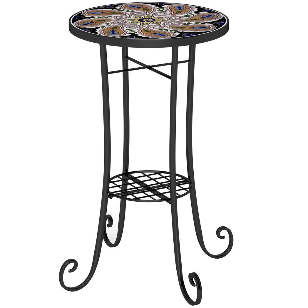 Outsunny 35.5cm Round Mosaic Garden Side Table Plant Stand w/ Shelf